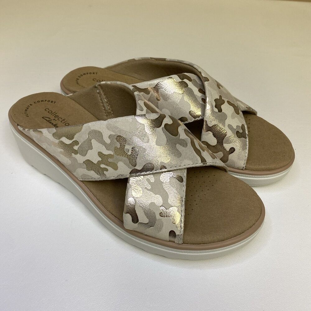 Clarks Collection Jillian Wedge Slides Criss Cross Sandals Tan Gold Camo Size 6